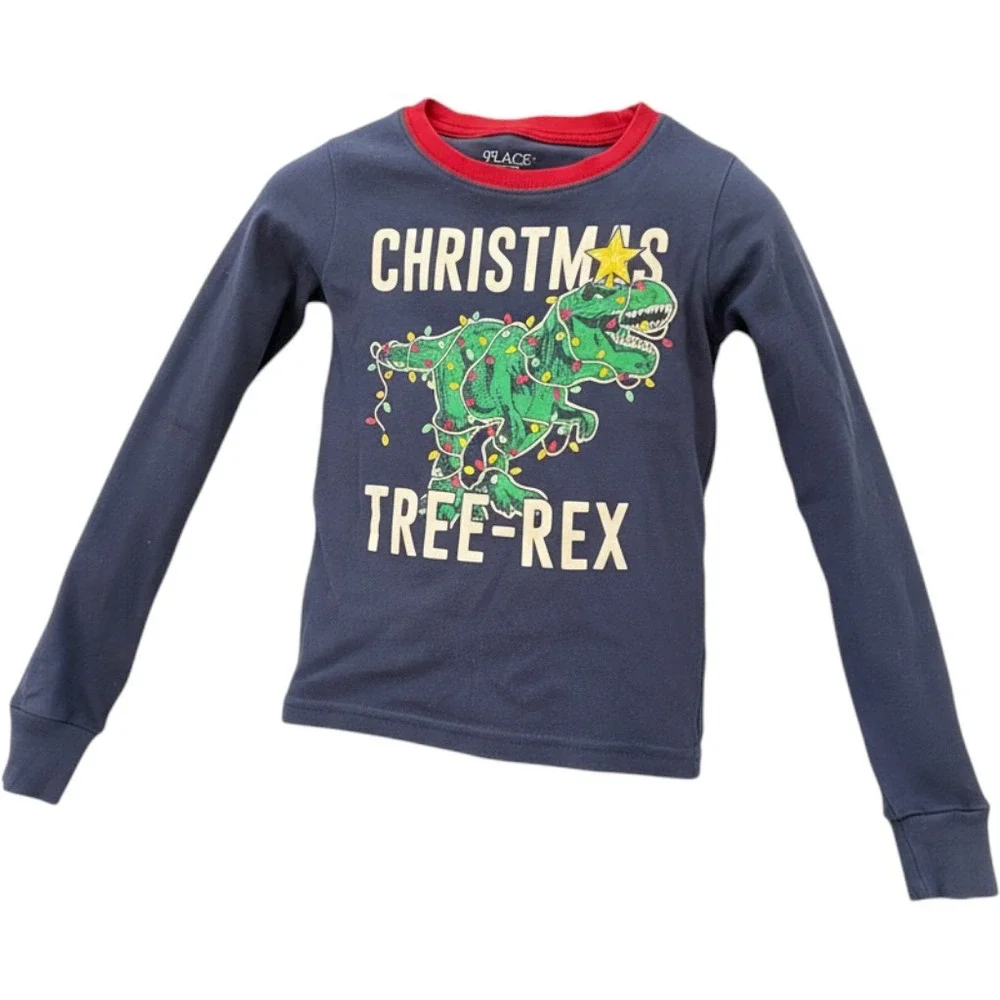 Childrens Place Boys Navy Blue Christmas Tree-Rex Dinosaur Long Sleeve Shirt 6